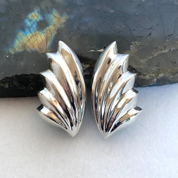 VTG Mexico Sterling Silver 925 Modernist Sculptural Scallop Clip On Earrings - Picture 4 of 12
